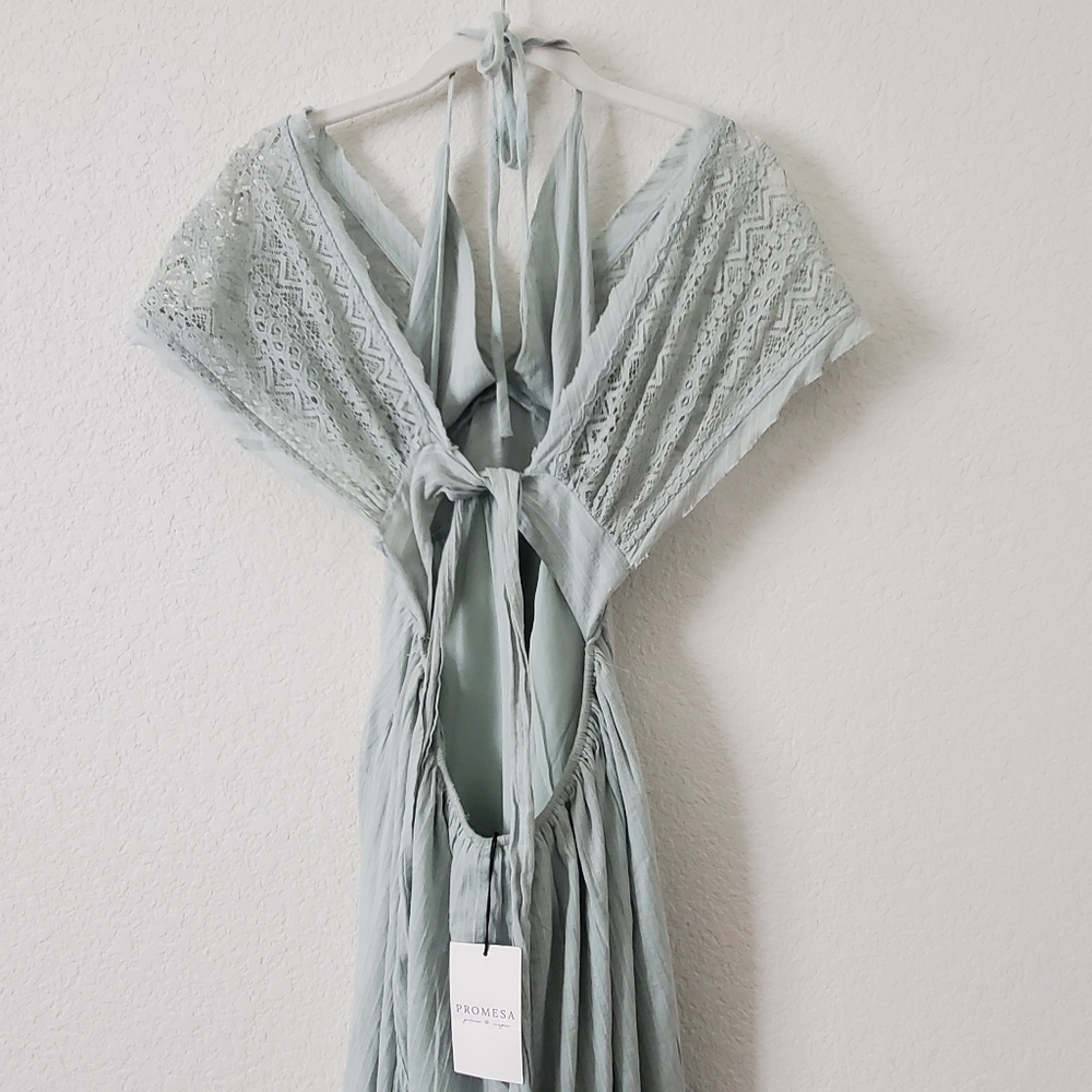 Promesa Saving Grace Sage Green High Low Above Knee Boho Halter Dress S Boho NWT - Picture 7 of 15